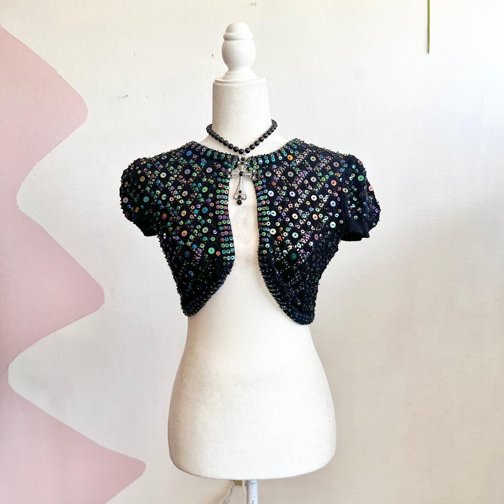 Vintage Y2K Sequin Bolero Shrug 2000s Glam Sparkly Indie Sleaze‎ Black Medium
